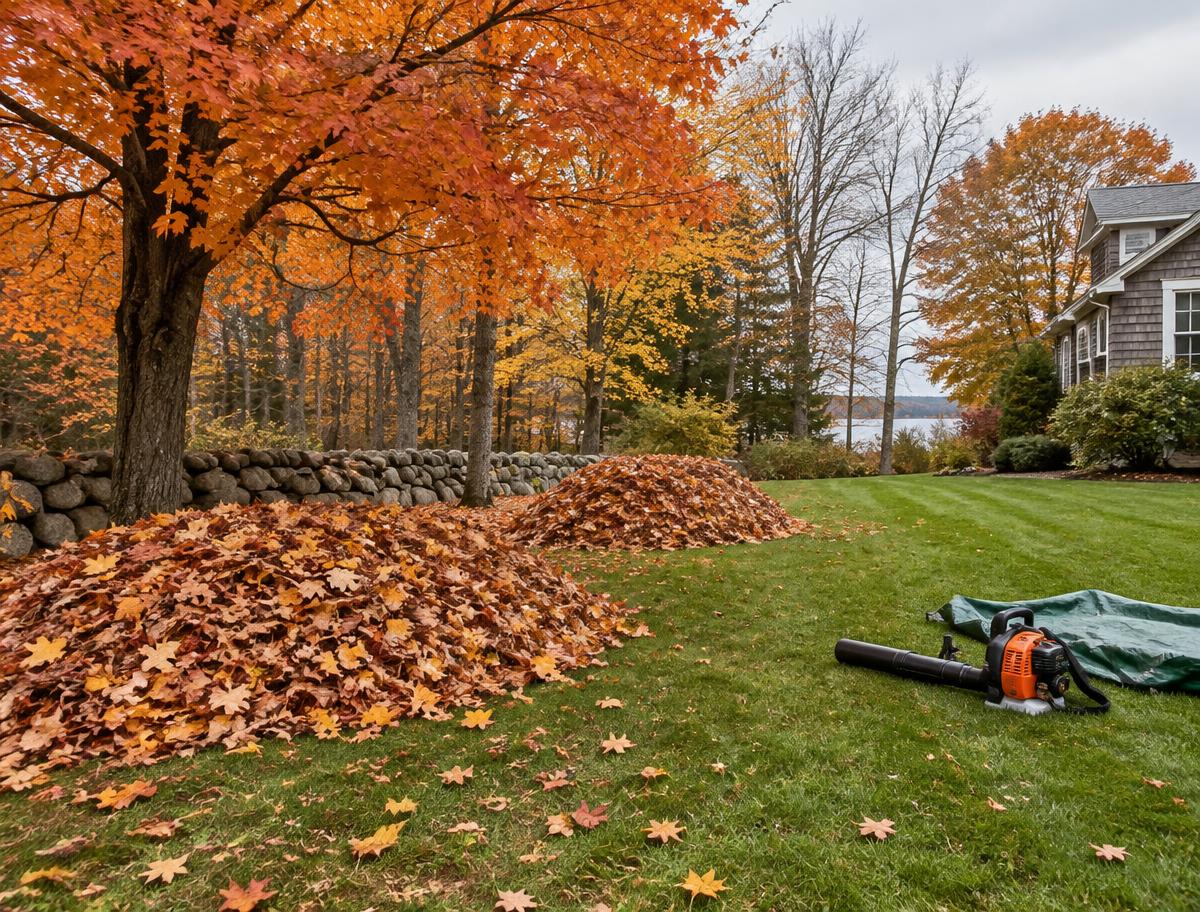 Fall clean-up with raked leaf piles along a stone wall beside a cleared lawn
