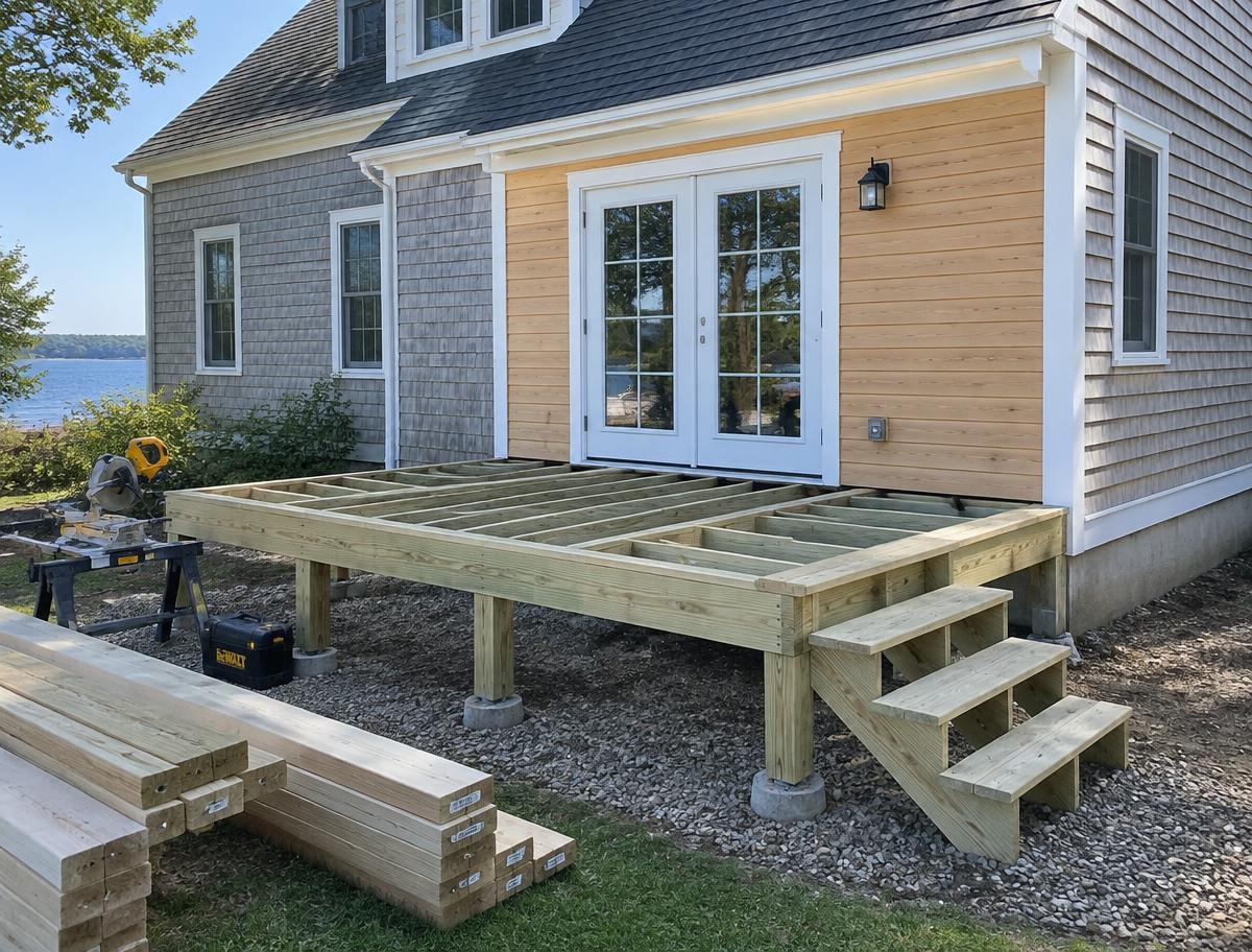 New deck framing and fresh cedar siding on the back of a shingled New England house