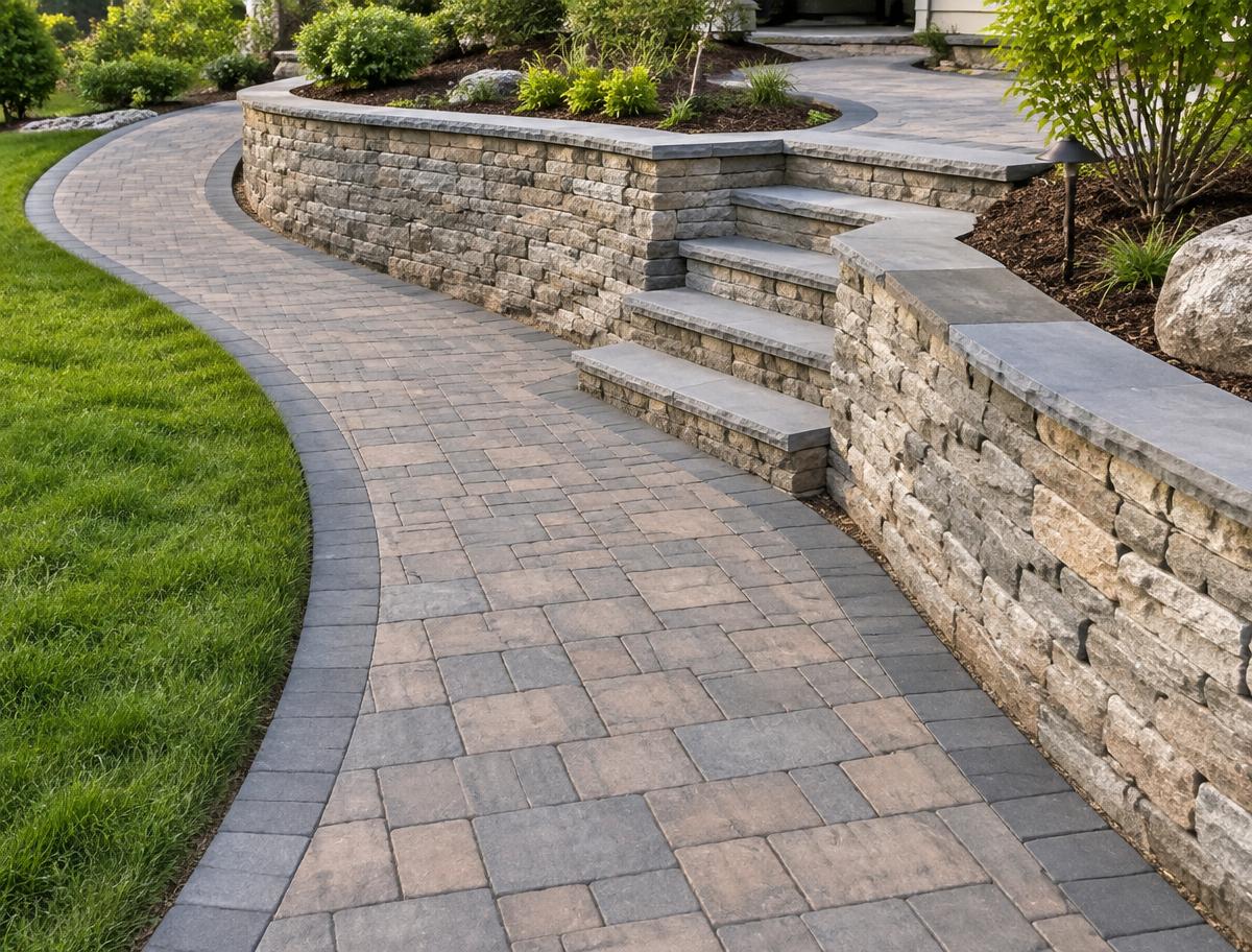 Paver walkway curving past a stacked stone retaining wall with bluestone caps and stone steps