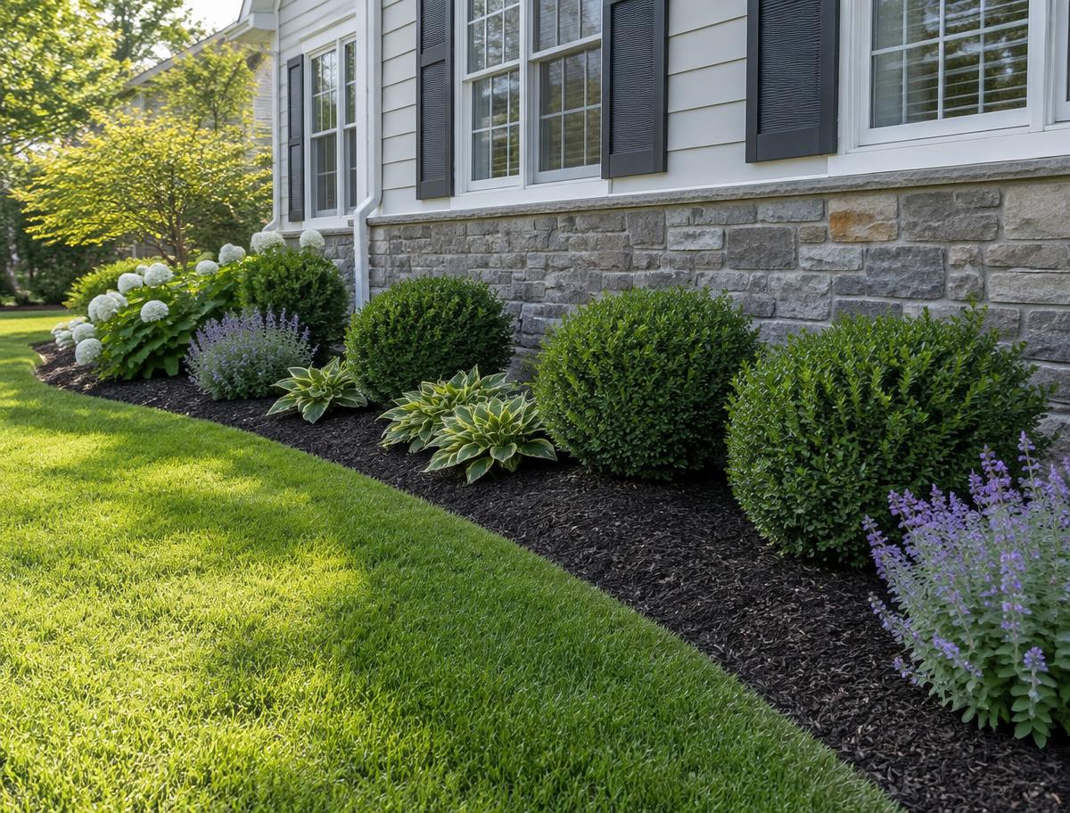 Newly installed planting bed with boxwood shrubs, dark mulch, and a crisp edge against a green lawn