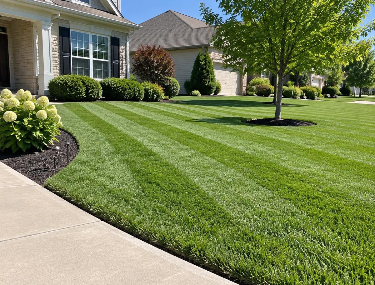 Freshly mowed front lawn with clean mowing stripes next to an edged concrete walkway