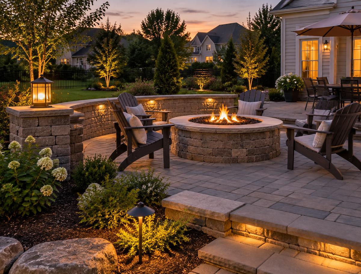 Paver patio with a round stone fire pit, curved seat wall, and landscape lighting at dusk