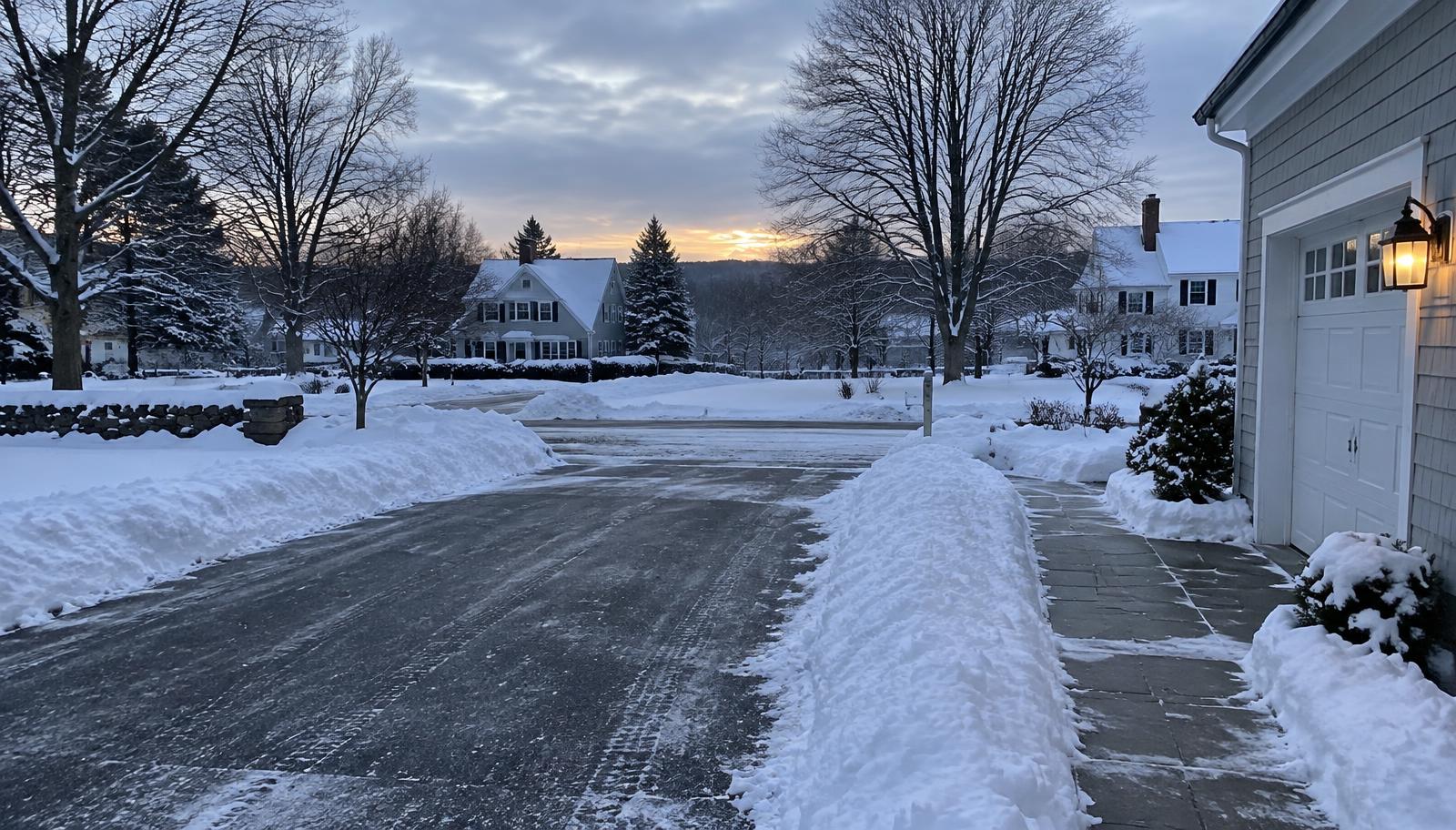 Plowed residential driveway with snow banked on both sides at first light
